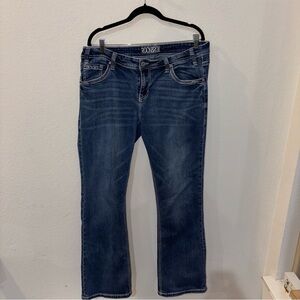 Rock & Roll Cowgirl Women's Blue Distressed Pockets Boot Cut Jeans size 34x34